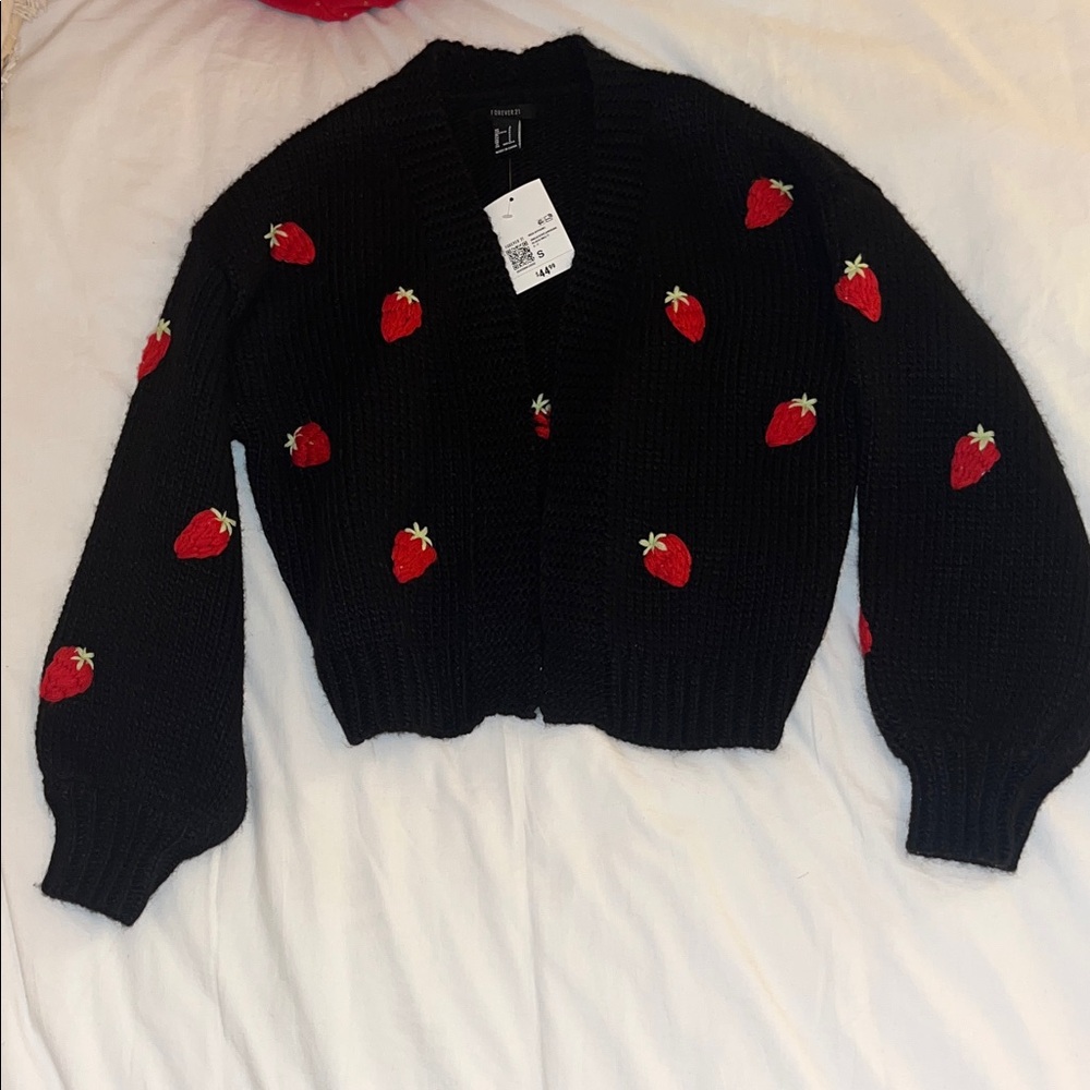Forever 21 Black Cardigan with Red Strawberry Details